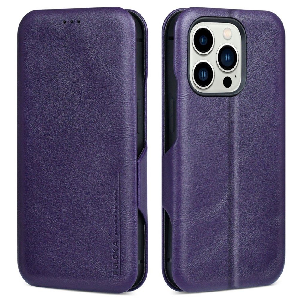 Bulk Purchasing PULOKA Calf Skin Series For iPhone 13 Pro Case RFID Blocking Stand Leather Phone Cover - Purple