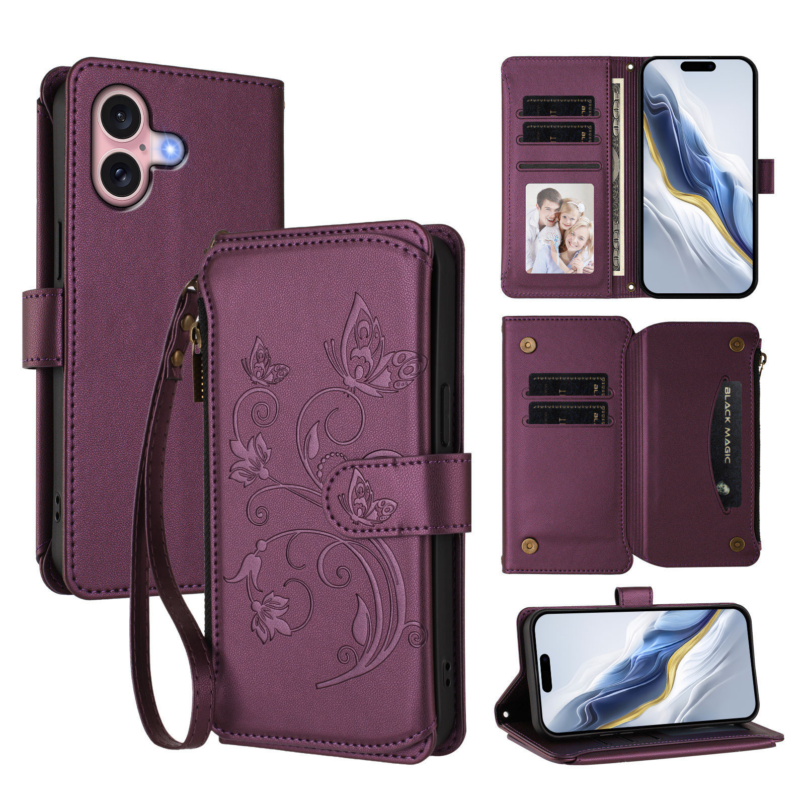 For iPhone 16 Leather Case Butterfly Floral Imprint Zipper Wallet Stand Cover with Wrist Strap - Purple