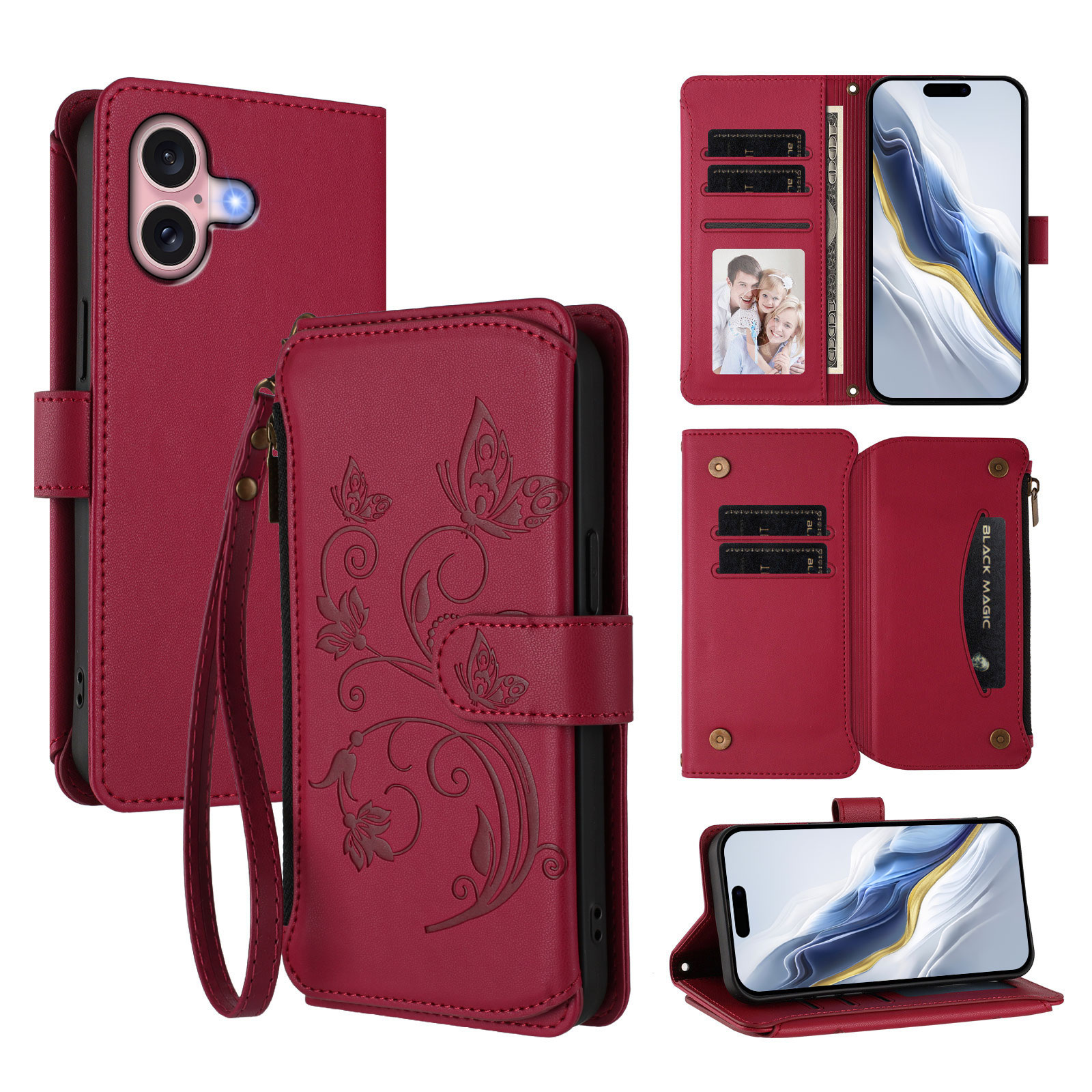 For iPhone 16 Leather Case Butterfly Floral Imprint Zipper Wallet Stand Cover with Wrist Strap - Wine Red