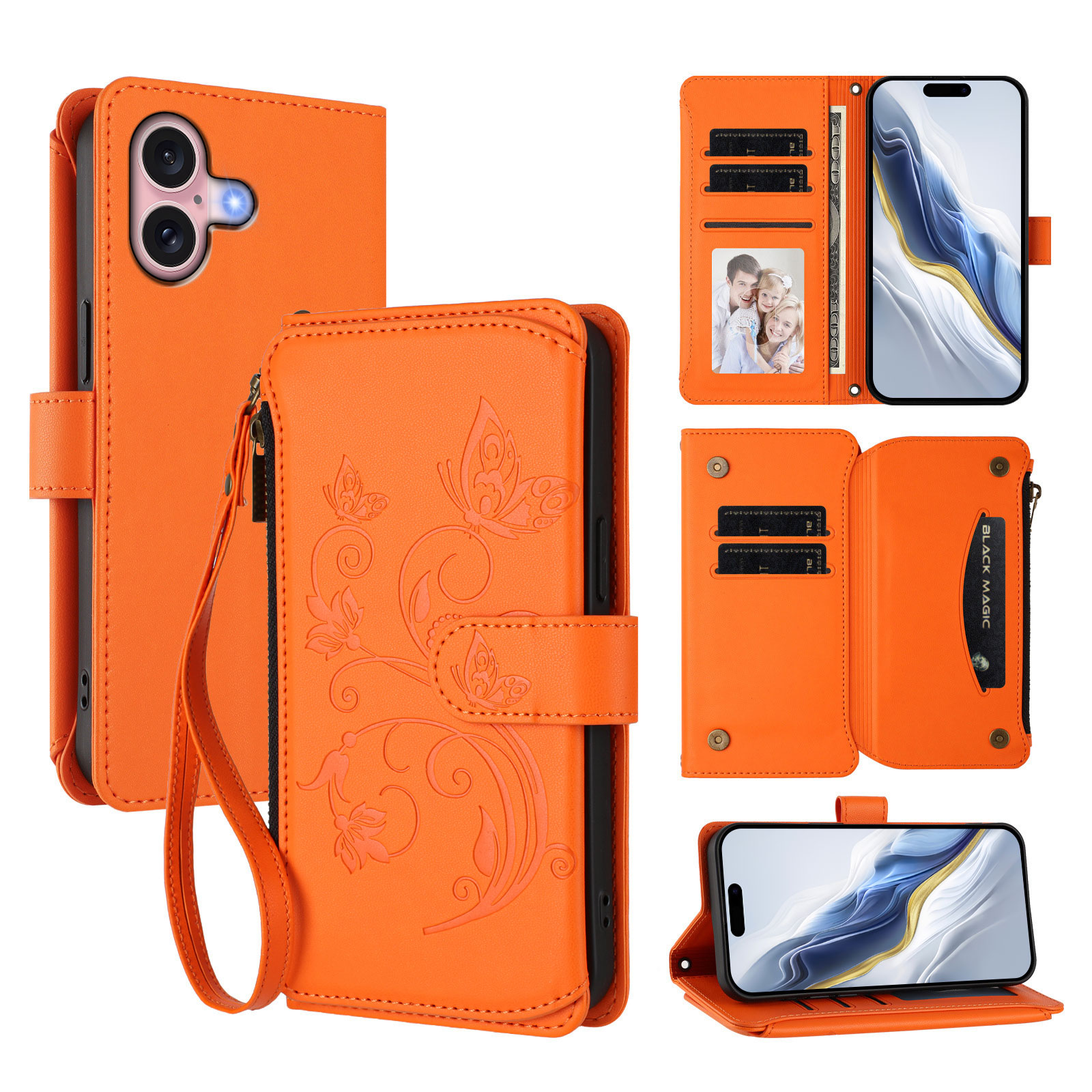For iPhone 16 Leather Case Butterfly Floral Imprint Zipper Wallet Stand Cover with Wrist Strap - Orange
