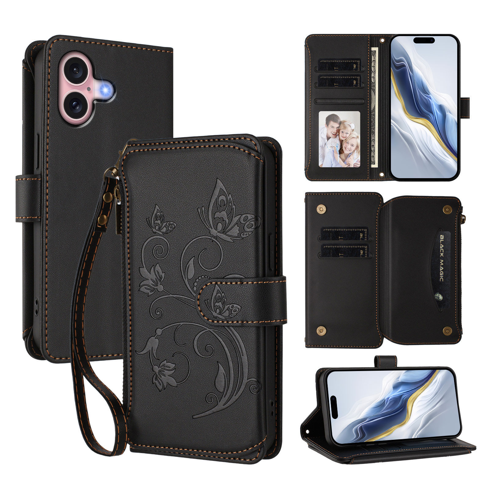 For iPhone 16 Leather Case Butterfly Floral Imprint Zipper Wallet Stand Cover with Wrist Strap - Black
