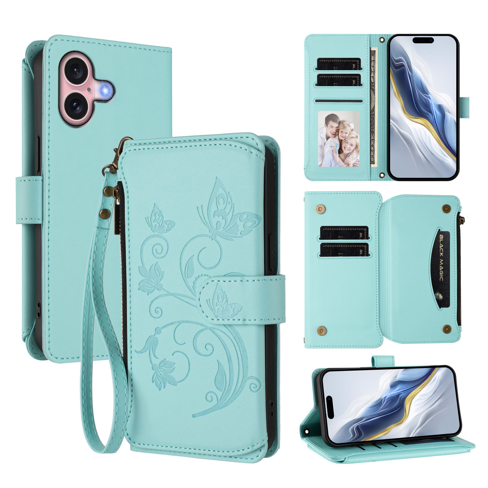 For iPhone 16 Leather Case Butterfly Floral Imprint Zipper Wallet Stand Cover with Wrist Strap - Mint Green