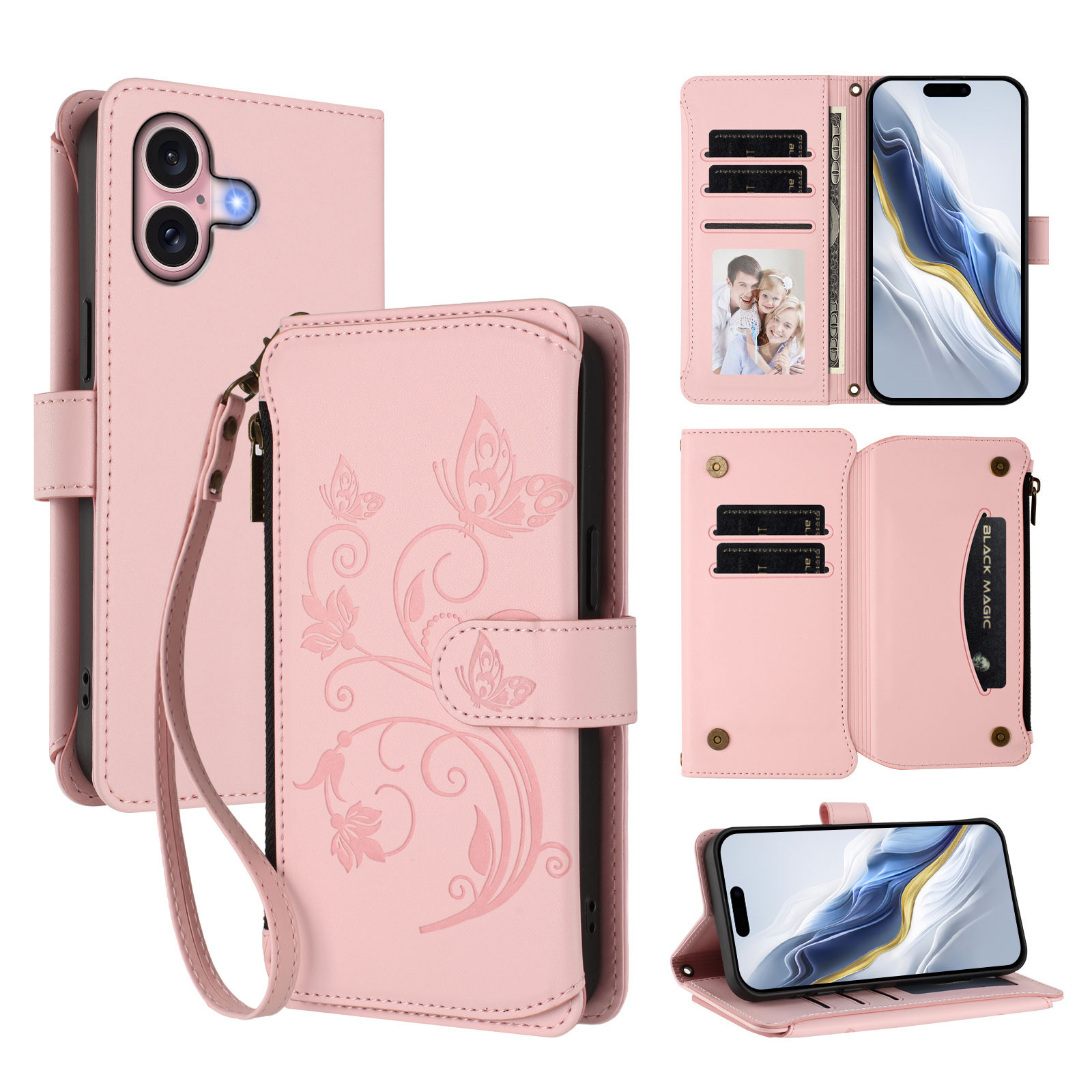 For iPhone 16 Leather Case Butterfly Floral Imprint Zipper Wallet Stand Cover with Wrist Strap - Pink