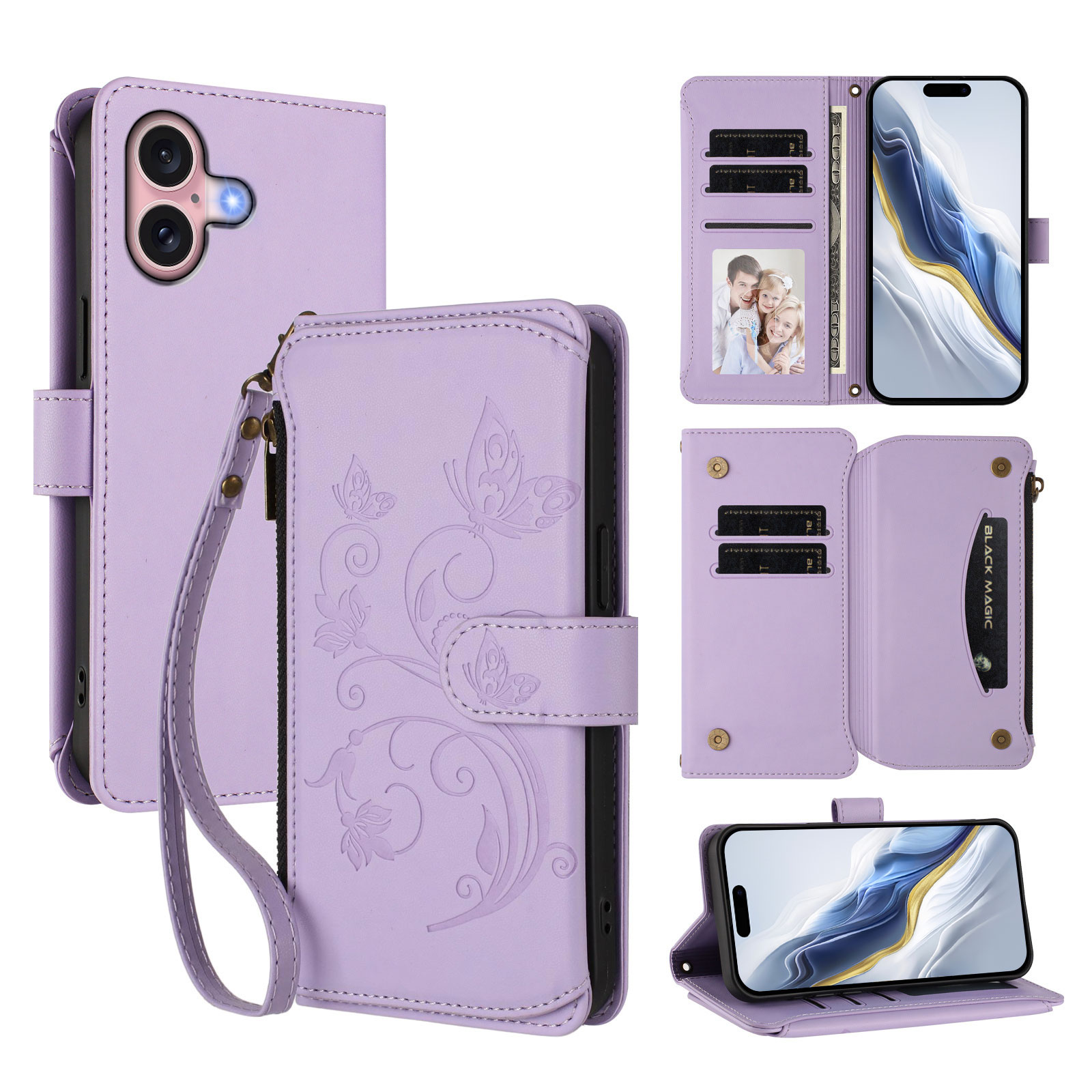 For iPhone 16 Leather Case Butterfly Floral Imprint Zipper Wallet Stand Cover with Wrist Strap - Light Purple