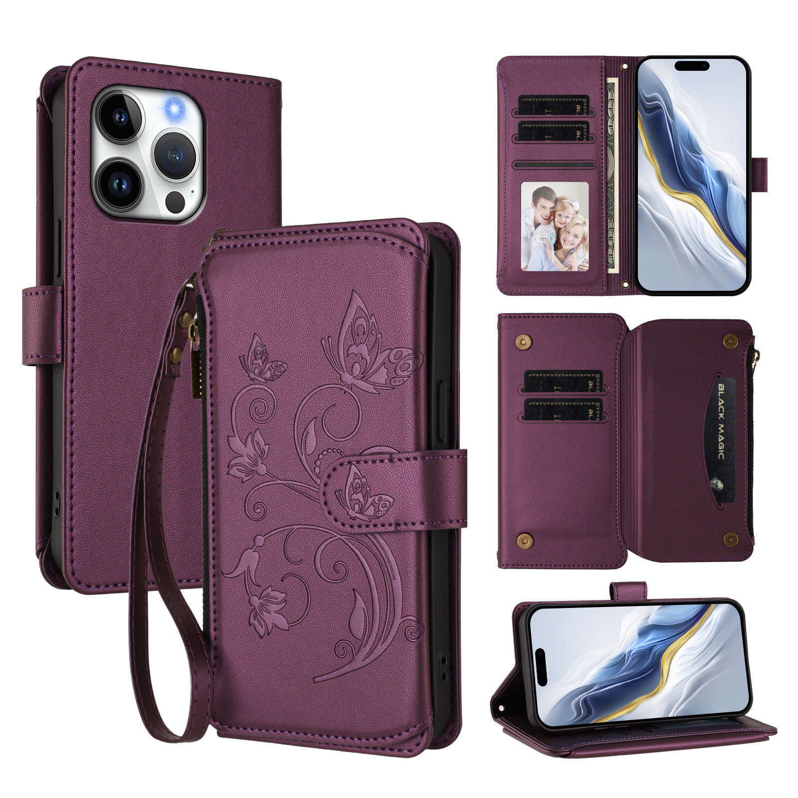 For iPhone 16 Pro Leather Case Butterfly Floral Imprint Zipper Wallet Stand Cover with Wrist Strap - Purple