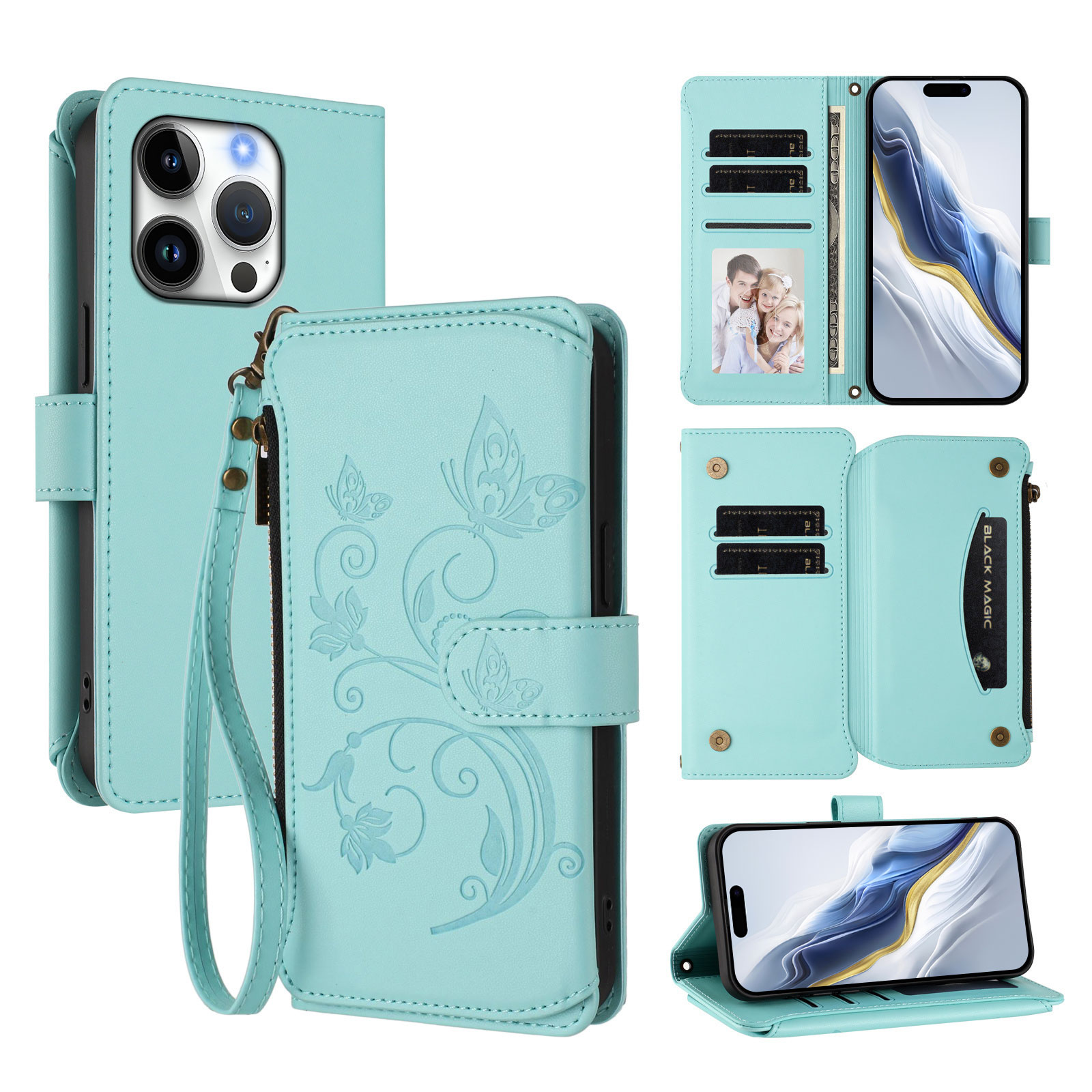 For iPhone 16 Pro Leather Case Butterfly Floral Imprint Zipper Wallet Stand Cover with Wrist Strap - Mint Green