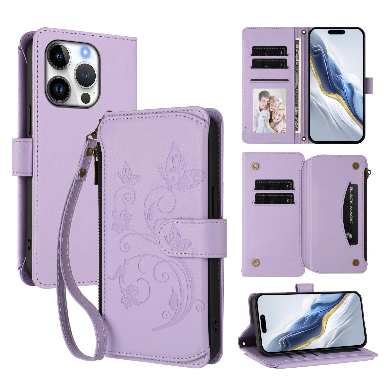 For iPhone 16 Pro Leather Case Butterfly Floral Imprint Zipper Wallet Stand Cover with Wrist Strap - Light Purple