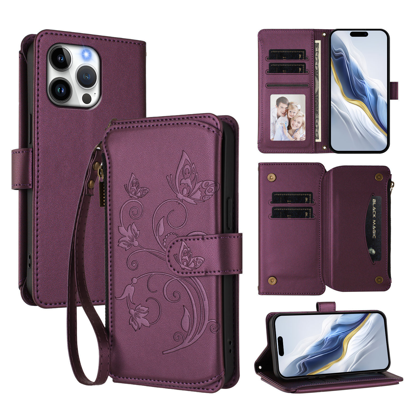 For iPhone 16 Pro Max Leather Case Butterfly Floral Imprint Zipper Wallet Stand Cover with Wrist Strap - Purple