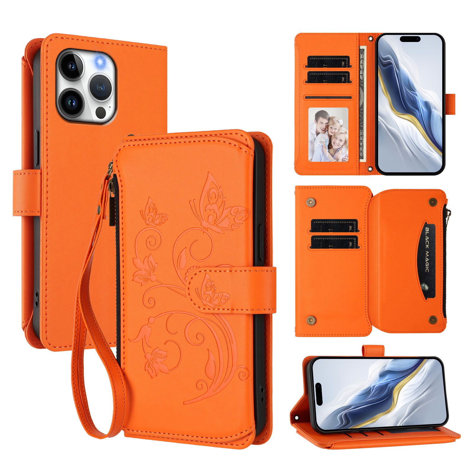 For iPhone 16 Pro Max Leather Case Butterfly Floral Imprint Zipper Wallet Stand Cover with Wrist Strap - Orange