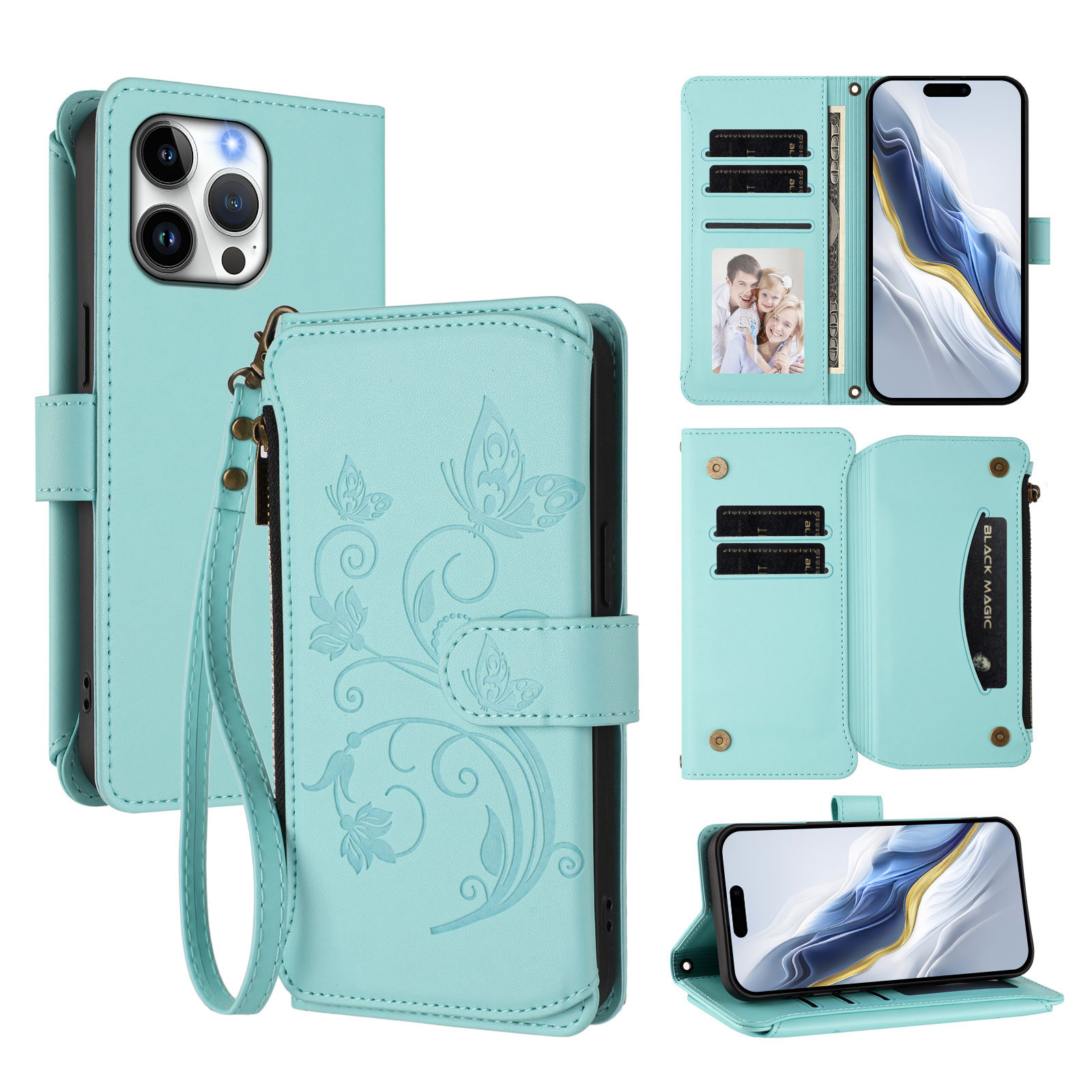 For iPhone 16 Pro Max Leather Case Butterfly Floral Imprint Zipper Wallet Stand Cover with Wrist Strap - Mint Green