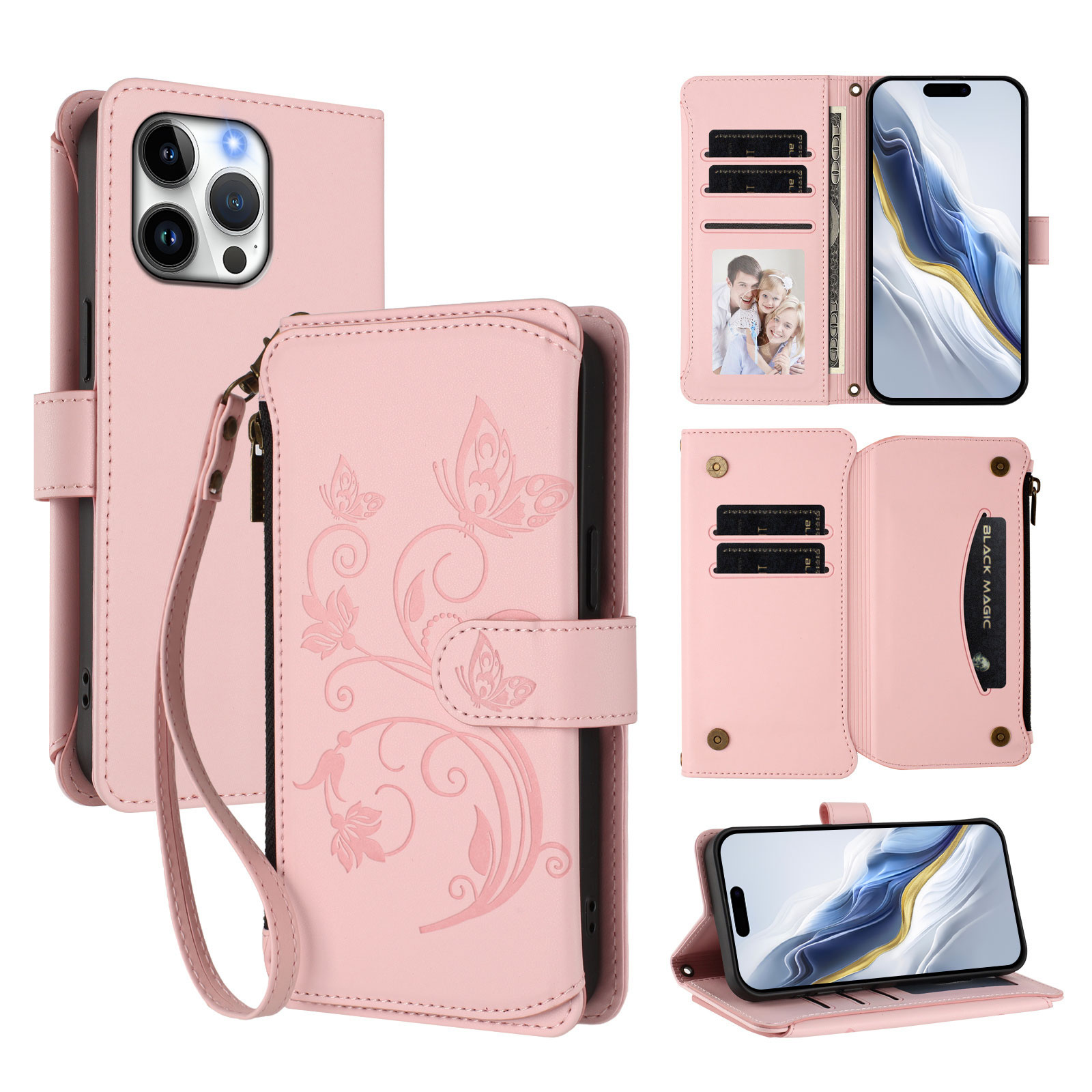 For iPhone 16 Pro Max Leather Case Butterfly Floral Imprint Zipper Wallet Stand Cover with Wrist Strap - Pink