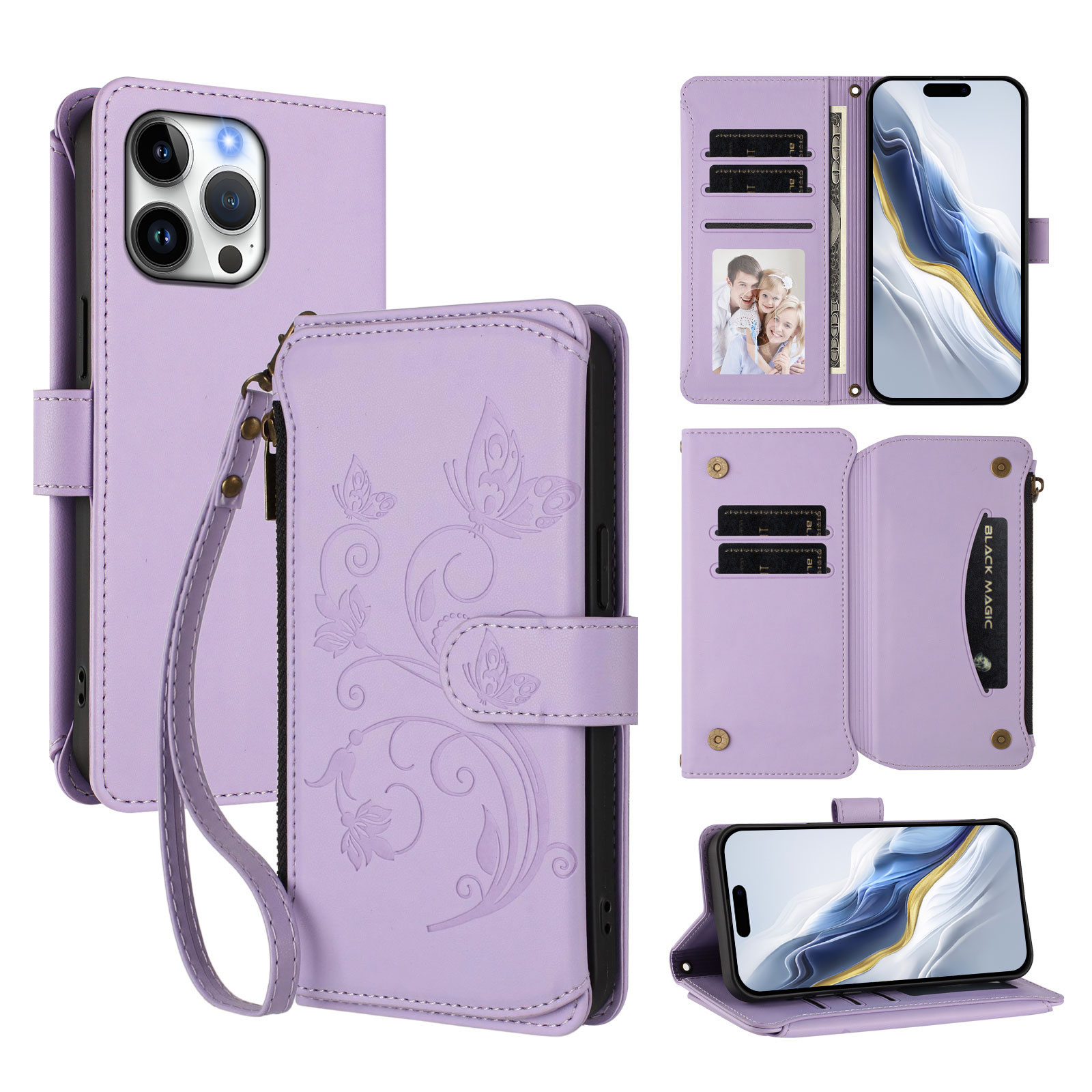 For iPhone 16 Pro Max Leather Case Butterfly Floral Imprint Zipper Wallet Stand Cover with Wrist Strap - Light Purple