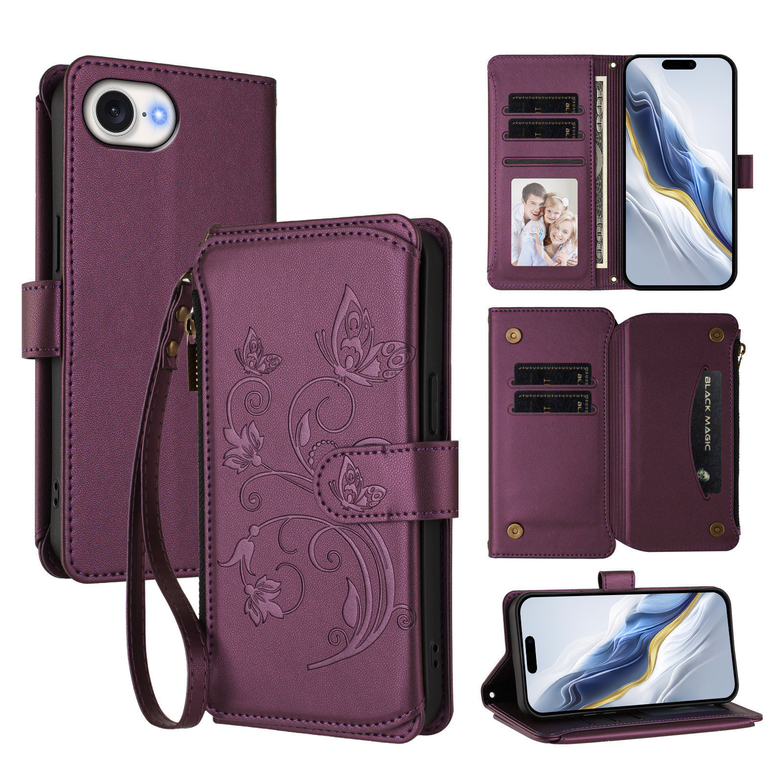 For iPhone 16e Leather Case Butterfly Floral Imprint Zipper Wallet Stand Cover with Wrist Strap - Purple