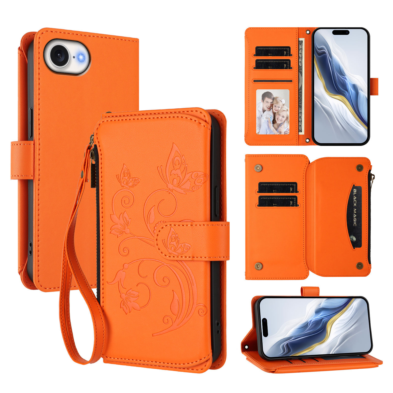 For iPhone 16e Leather Case Butterfly Floral Imprint Zipper Wallet Stand Cover with Wrist Strap - Orange