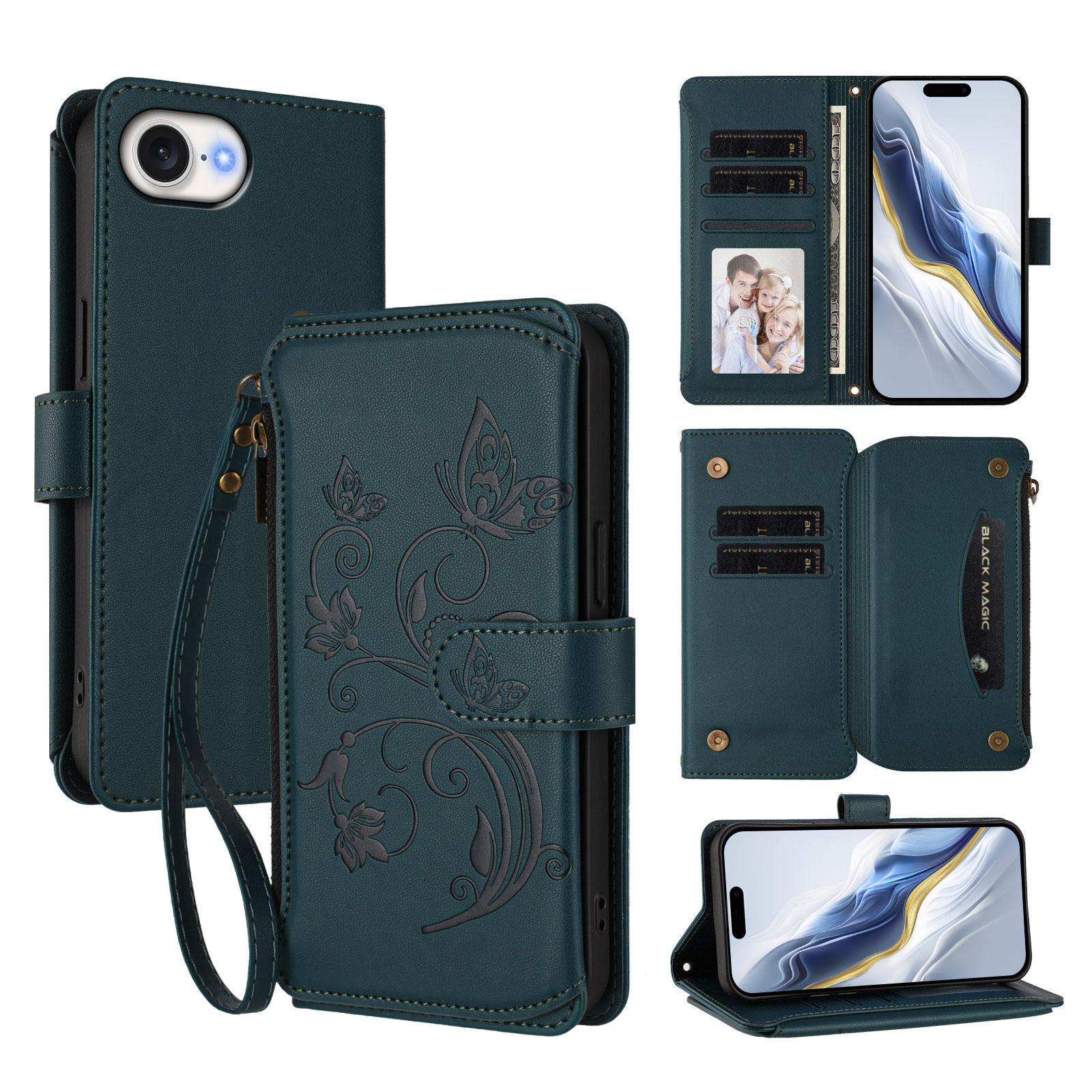 For iPhone 16e Leather Case Butterfly Floral Imprint Zipper Wallet Stand Cover with Wrist Strap - Green