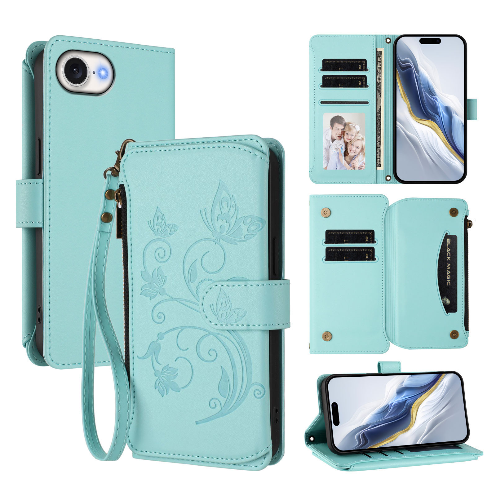 For iPhone 16e Leather Case Butterfly Floral Imprint Zipper Wallet Stand Cover with Wrist Strap - Mint Green