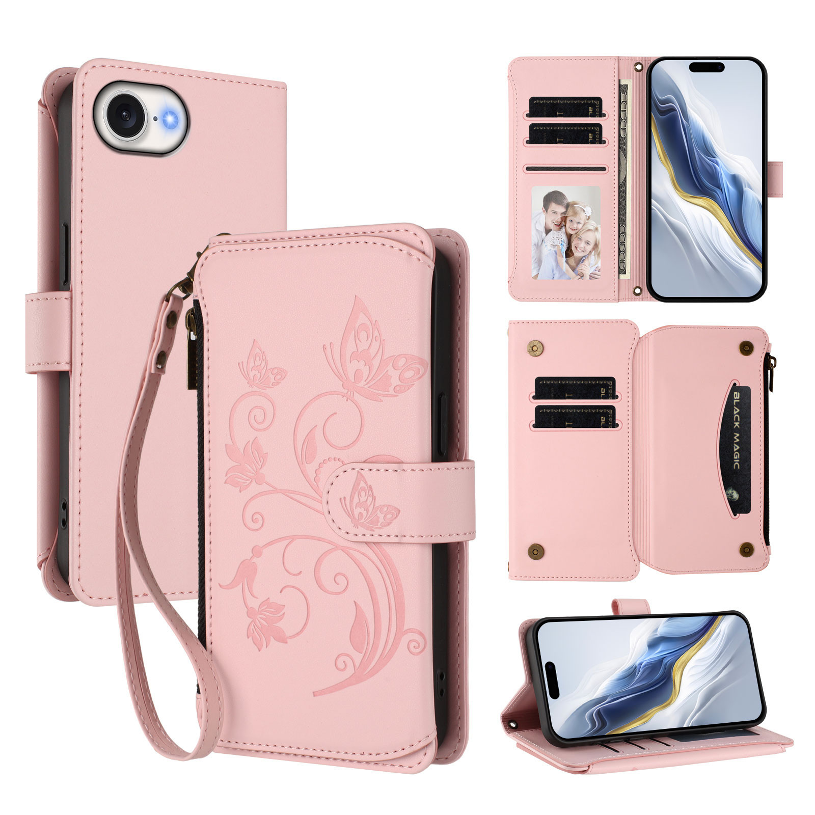 For iPhone 16e Leather Case Butterfly Floral Imprint Zipper Wallet Stand Cover with Wrist Strap - Pink
