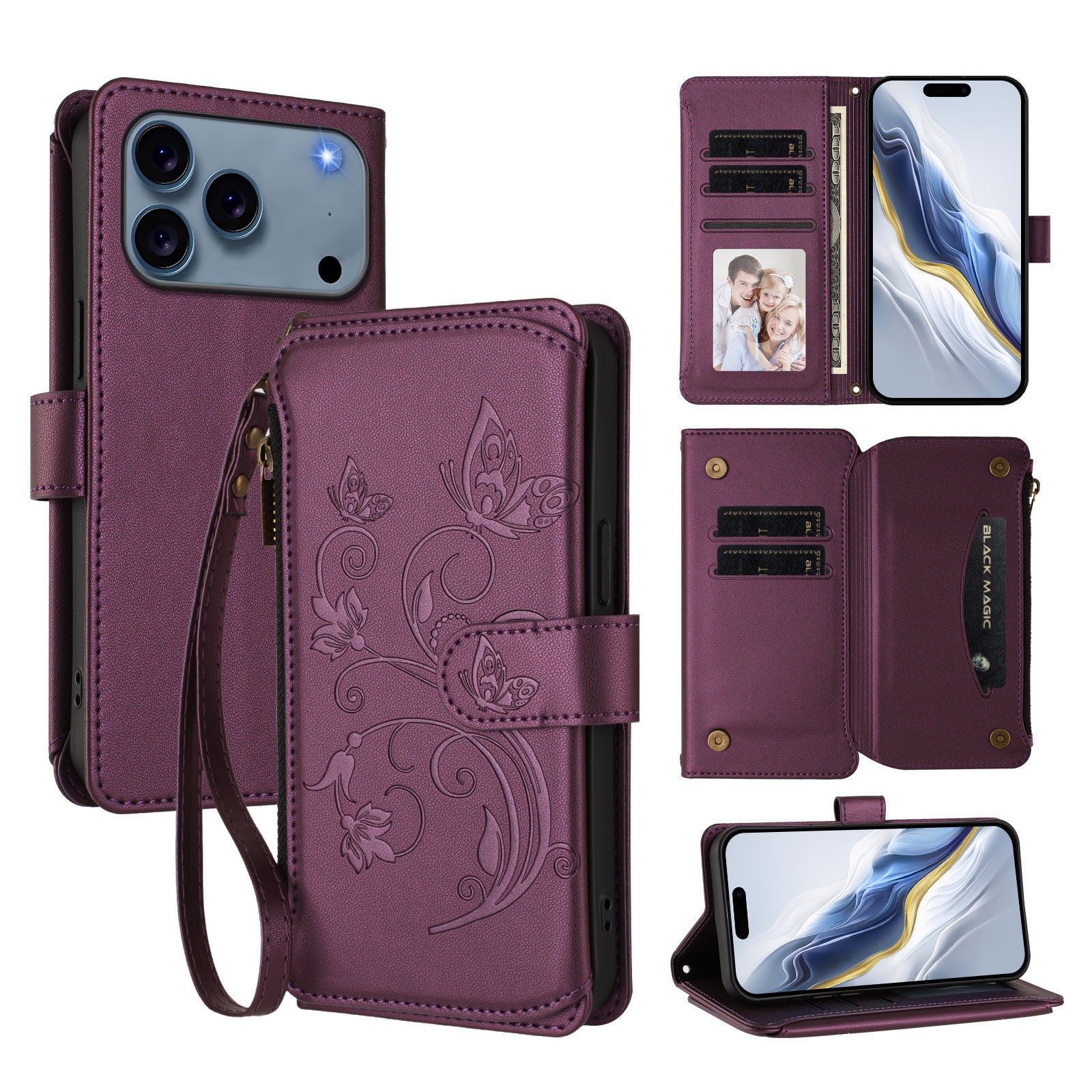 For iPhone 17 Pro Max Leather Case Butterfly Floral Imprint Zipper Wallet Stand Cover with Wrist Strap - Purple