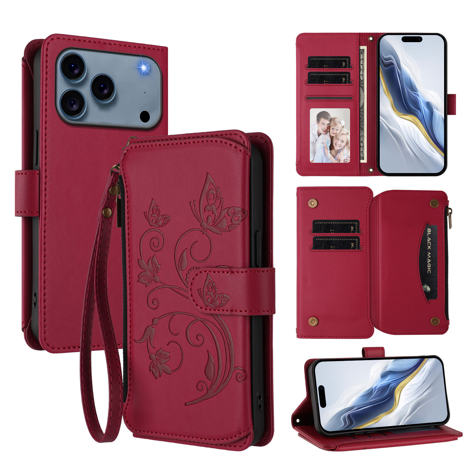 For iPhone 17 Pro Max Leather Case Butterfly Floral Imprint Zipper Wallet Stand Cover with Wrist Strap - Wine Red