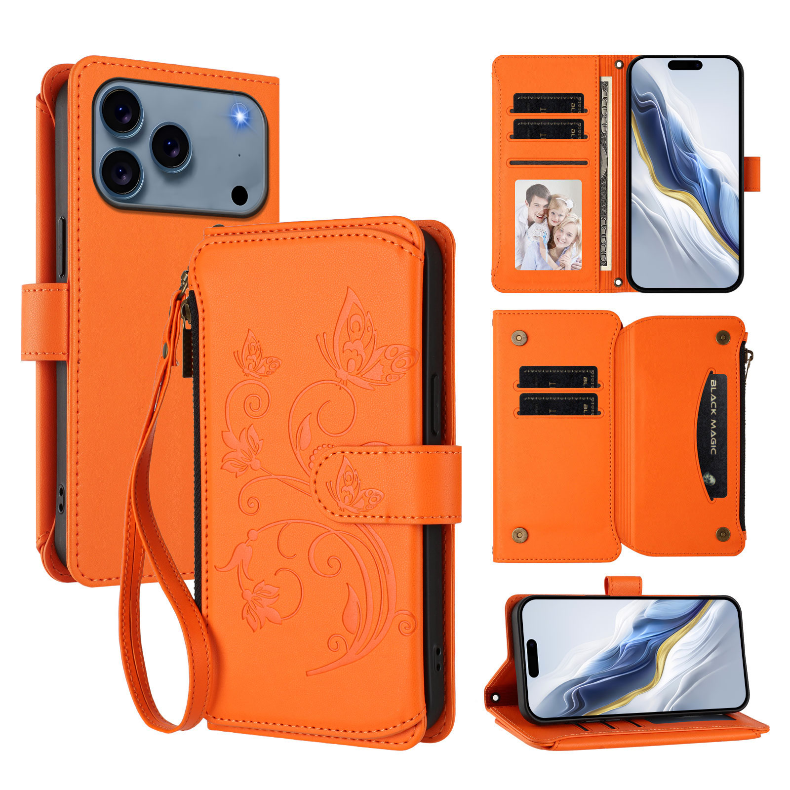 For iPhone 17 Pro Leather Case Butterfly Floral Imprint Zipper Wallet Stand Cover with Wrist Strap - Orange