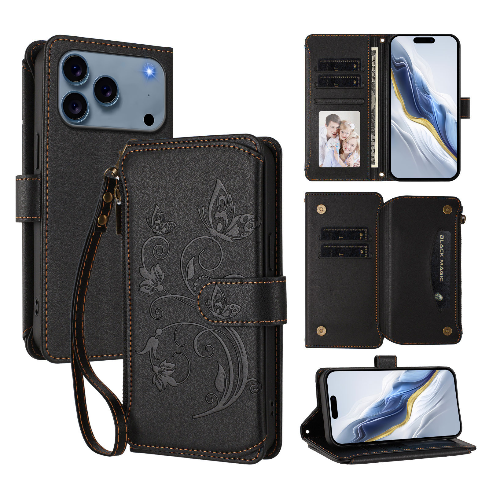 For iPhone 17 Pro Leather Case Butterfly Floral Imprint Zipper Wallet Stand Cover with Wrist Strap - Black