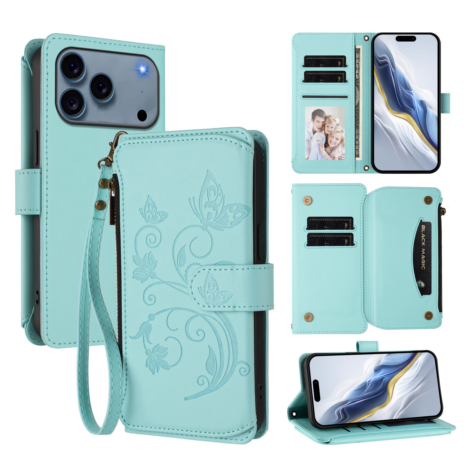 For iPhone 17 Pro Leather Case Butterfly Floral Imprint Zipper Wallet Stand Cover with Wrist Strap - Mint Green