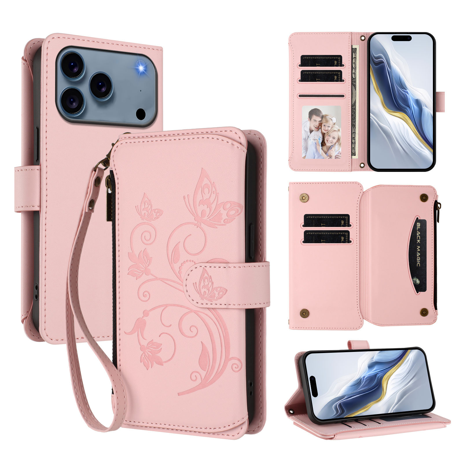 For iPhone 17 Pro Leather Case Butterfly Floral Imprint Zipper Wallet Stand Cover with Wrist Strap - Pink