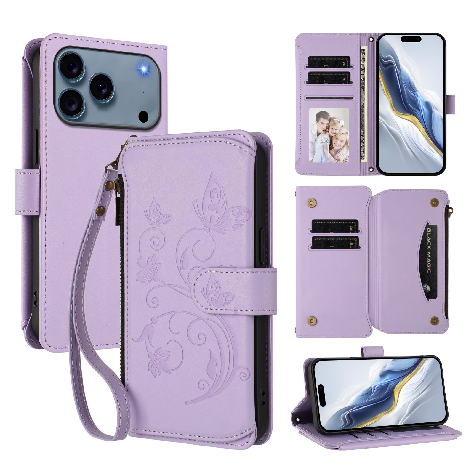 For iPhone 17 Pro Leather Case Butterfly Floral Imprint Zipper Wallet Stand Cover with Wrist Strap - Light Purple