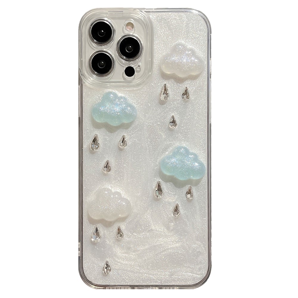 For iPhone 16 Pro Case Cute 3D Cloud Rhinestone Decor TPU+PC Phone Cover (Precise Lens Cutouts)