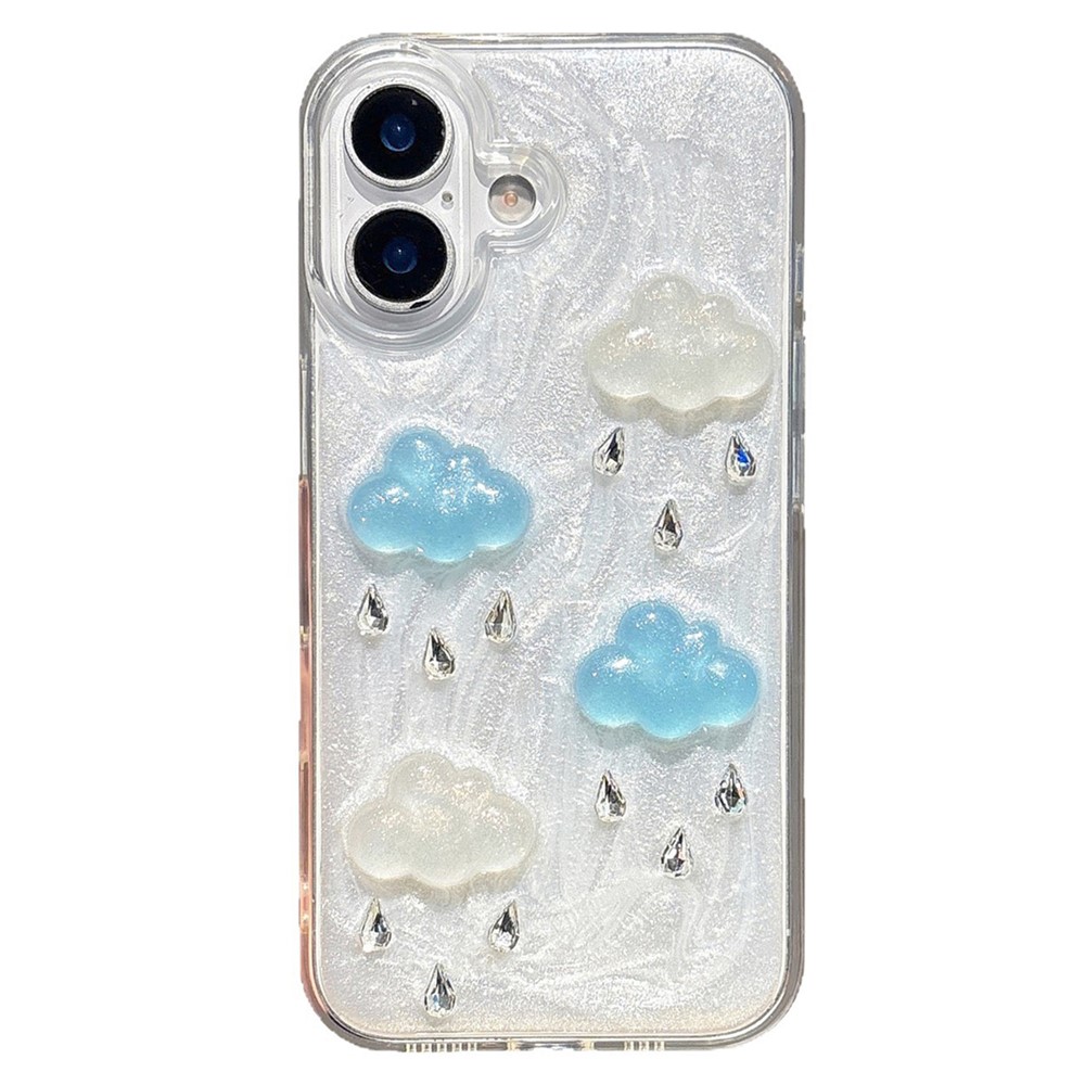 For iPhone 16 Plus Case Cute 3D Cloud Rhinestone Decor TPU+PC Phone Cover (Precise Lens Cutouts)