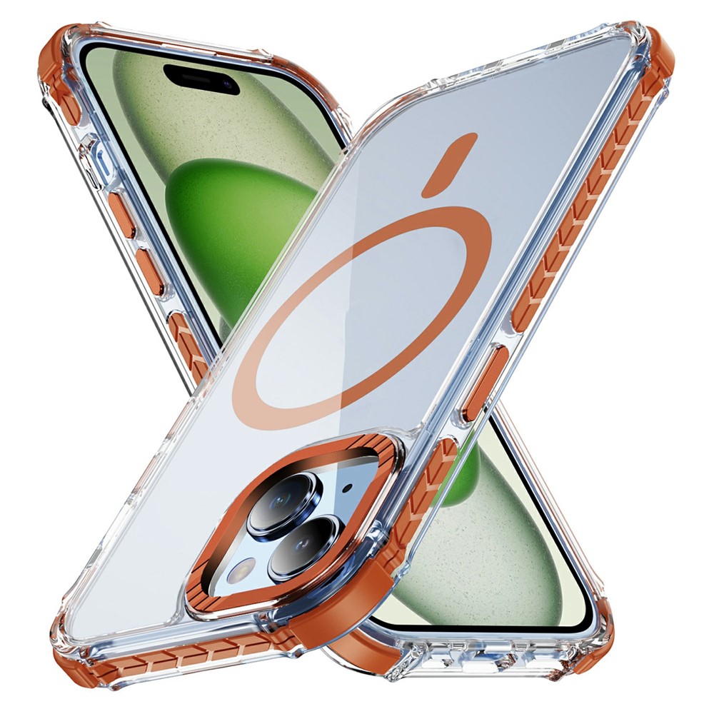 For iPhone 15 Case Crystal Clear Airbag TPU + PC Phone Back Cover Compatible with MagSafe - Orange
