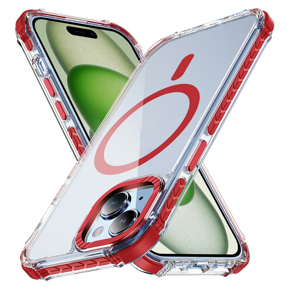 For iPhone 15 Case Crystal Clear Airbag TPU + PC Phone Back Cover Compatible with MagSafe - Red