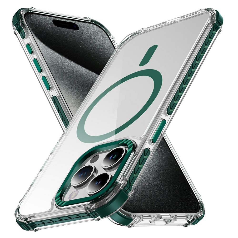 For iPhone 15 Pro Case Crystal Clear Airbag TPU + PC Phone Back Cover Compatible with MagSafe - Green