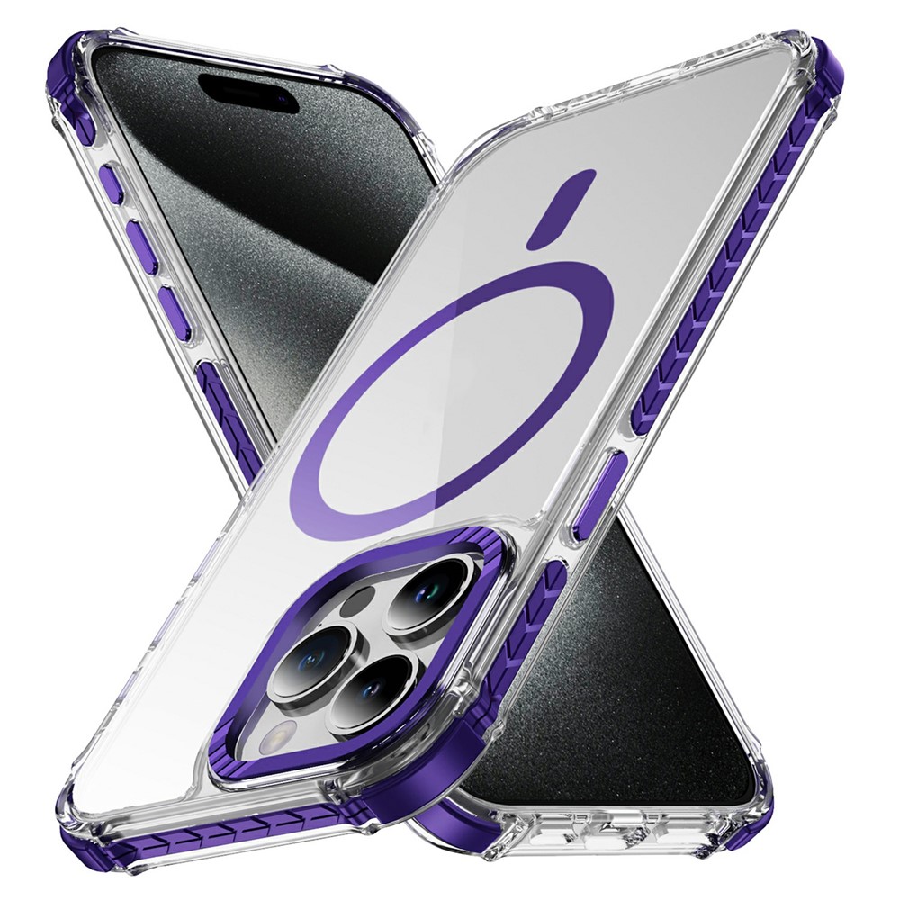 For iPhone 15 Pro Case Crystal Clear Airbag TPU + PC Phone Back Cover Compatible with MagSafe - Purple