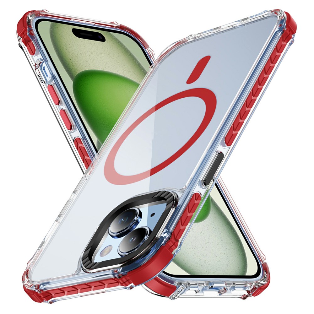 For iPhone 14 Case Crystal Clear Airbag TPU + PC Phone Back Cover Compatible with MagSafe - Red / Black