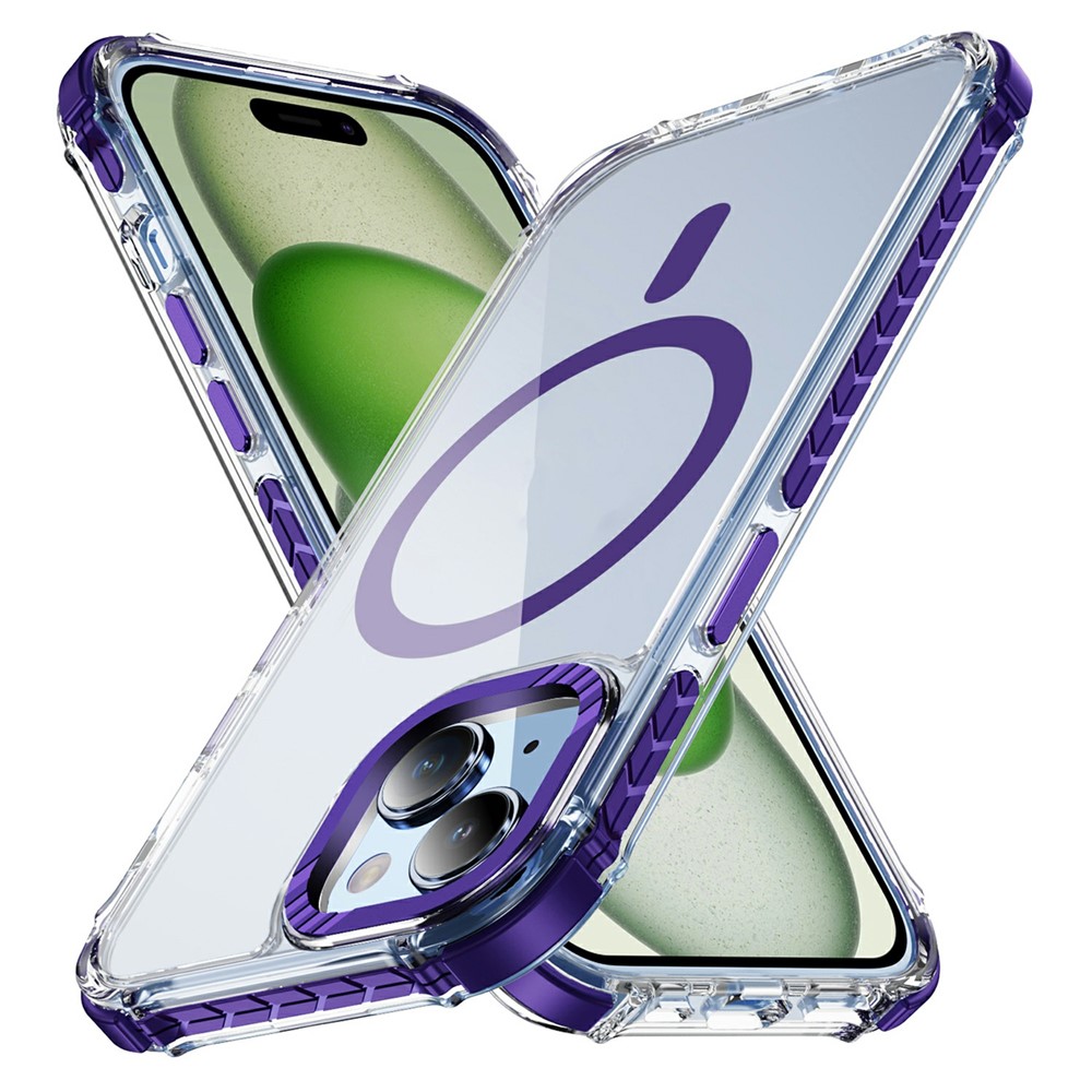 For iPhone 14 Case Crystal Clear Airbag TPU + PC Phone Back Cover Compatible with MagSafe - Purple