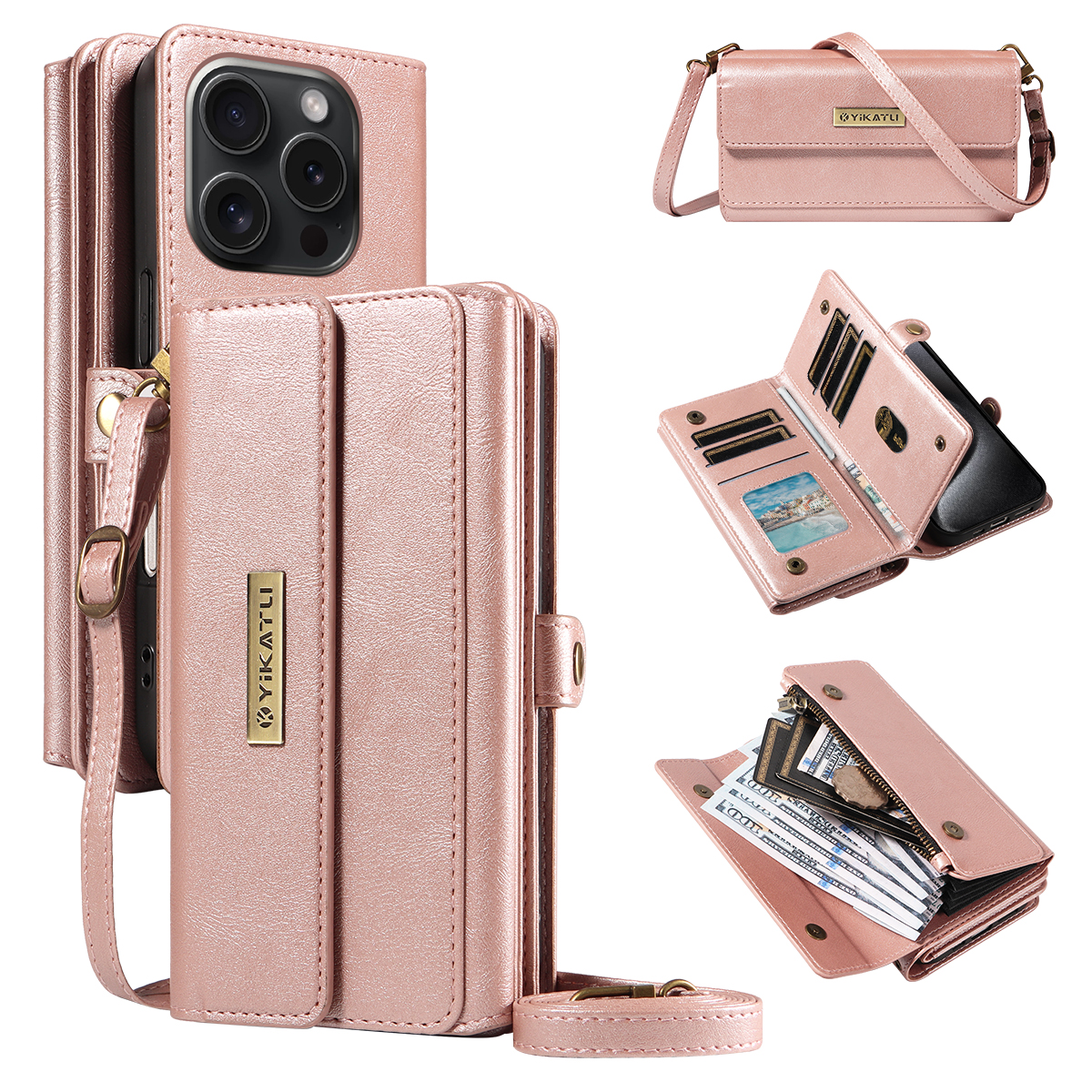 For iPhone 15 Pro Case YIKATU YK-008 Zipper Wallet Leather Phone Cover with Shoulder Strap - Rose Gold