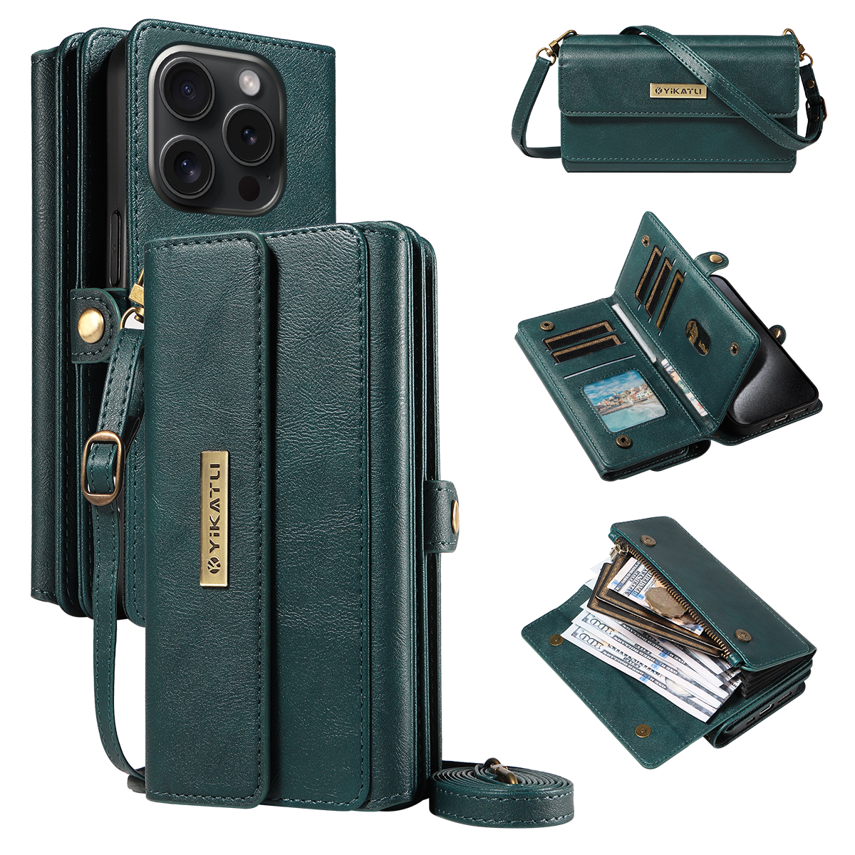 For iPhone 15 Pro Case YIKATU YK-008 Zipper Wallet Leather Phone Cover with Shoulder Strap - Green
