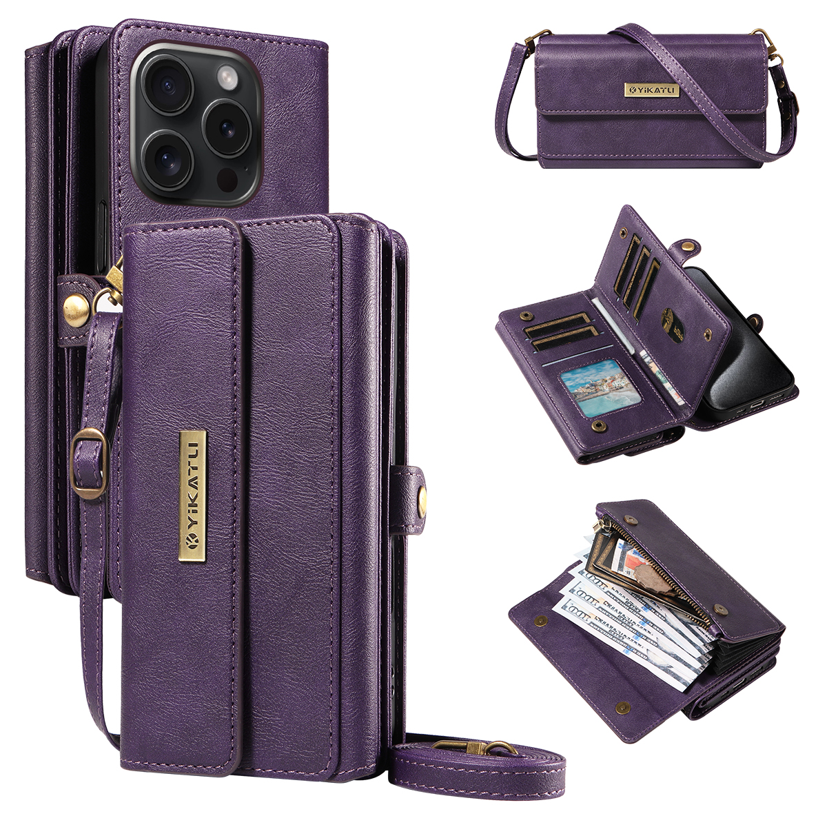 For iPhone 15 Pro Case YIKATU YK-008 Zipper Wallet Leather Phone Cover with Shoulder Strap - Purple