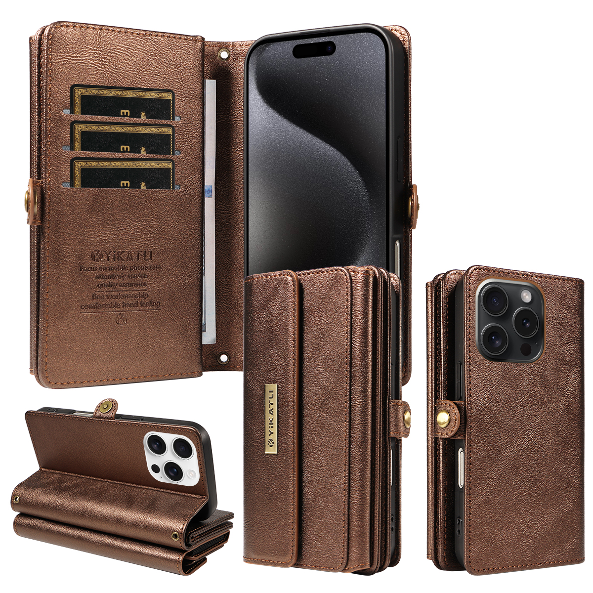 For iPhone 15 Pro Case YIKATU YK-008 Zipper Wallet Leather Phone Cover with Shoulder Strap - Brown