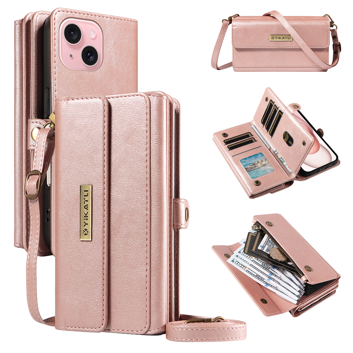 For iPhone 15 Case YIKATU YK-008 Zipper Wallet Leather Phone Cover with Shoulder Strap - Rose Gold