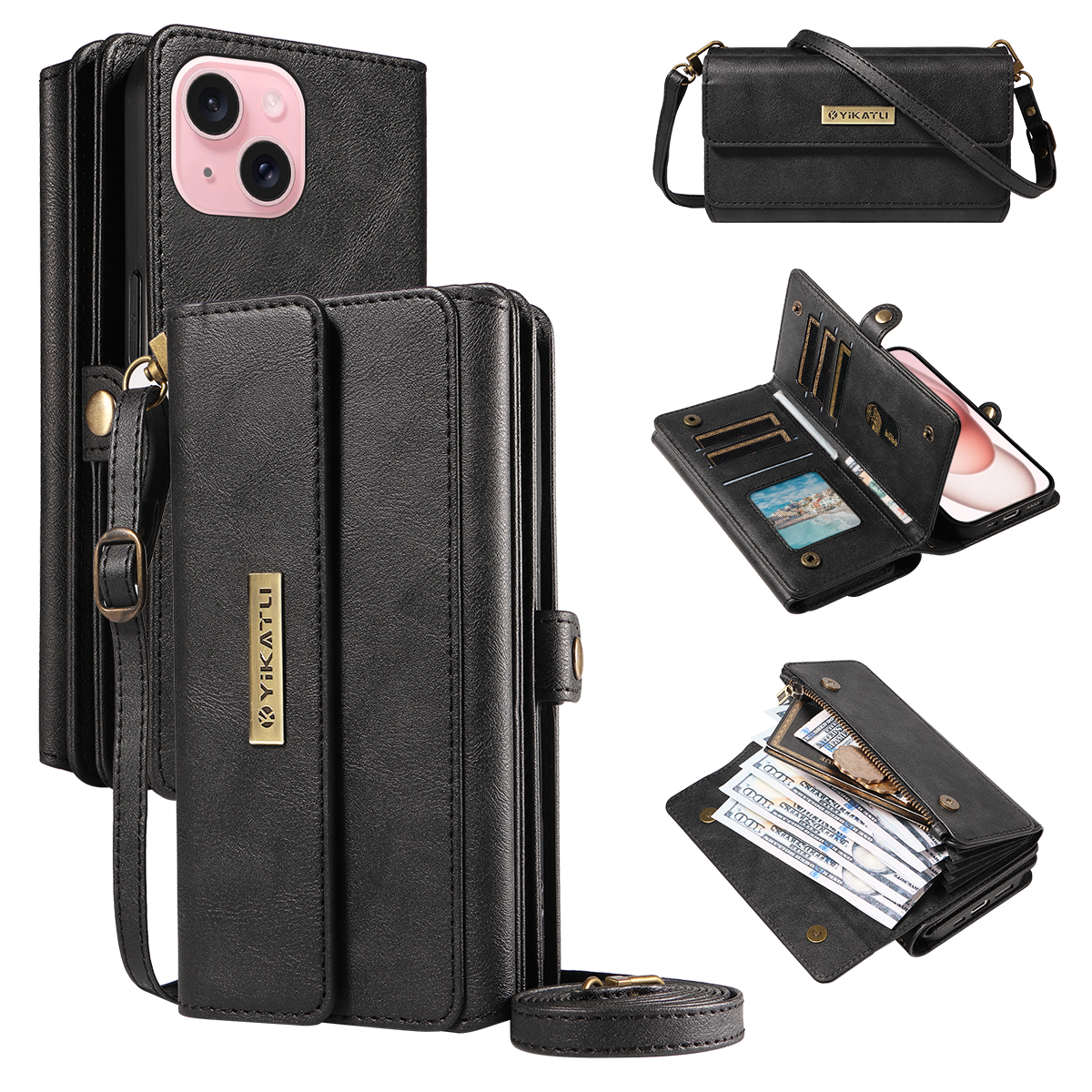 For iPhone 15 Case YIKATU YK-008 Zipper Wallet Leather Phone Cover with Shoulder Strap - Black