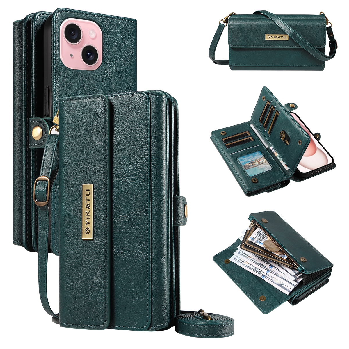 For iPhone 15 Case YIKATU YK-008 Zipper Wallet Leather Phone Cover with Shoulder Strap - Green