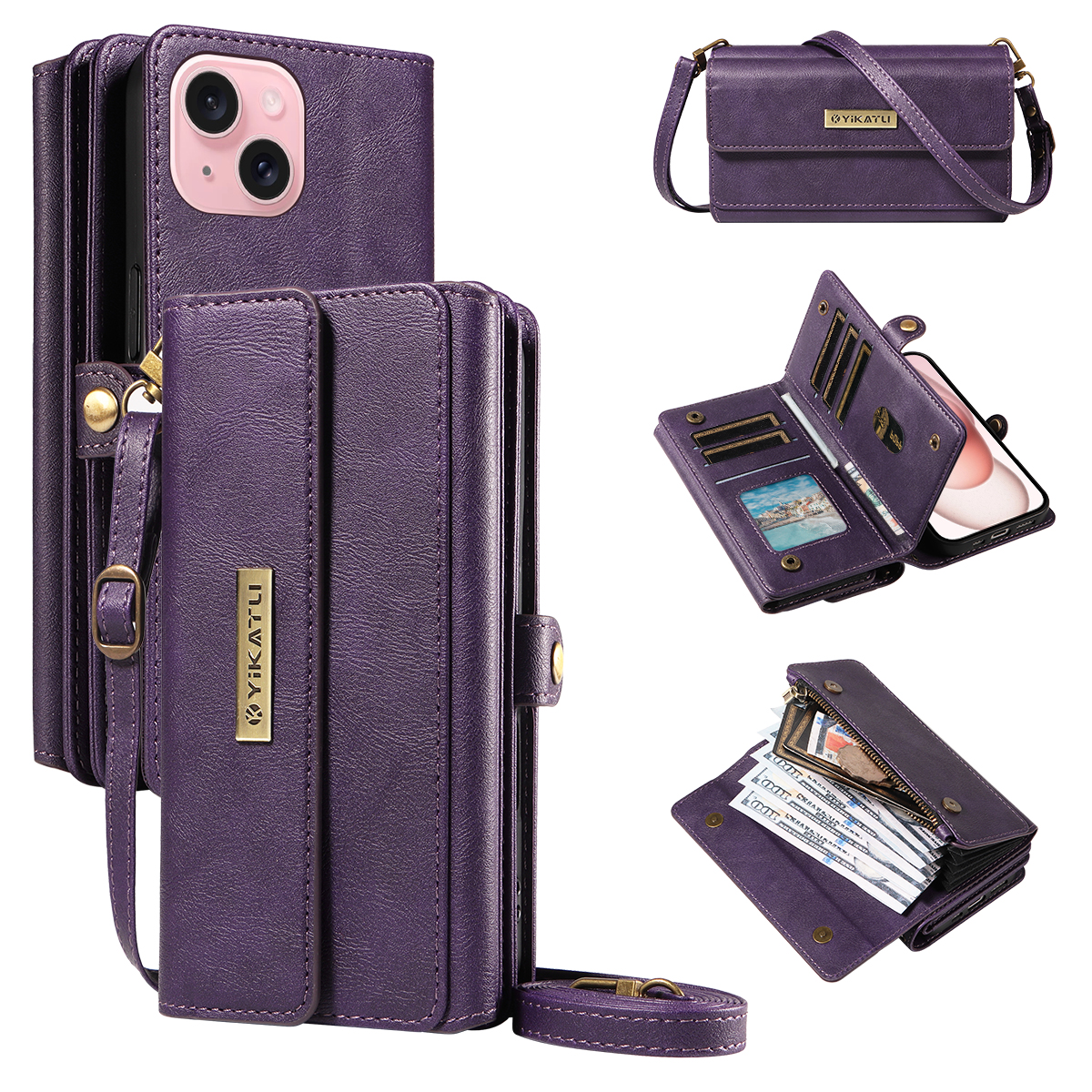 For iPhone 15 Case YIKATU YK-008 Zipper Wallet Leather Phone Cover with Shoulder Strap - Purple