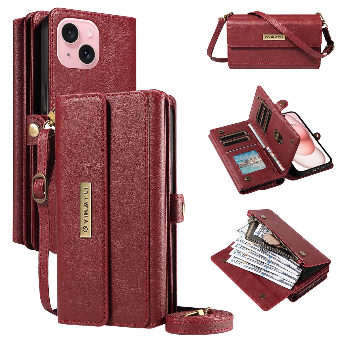 For iPhone 15 Case YIKATU YK-008 Zipper Wallet Leather Phone Cover with Shoulder Strap - Red