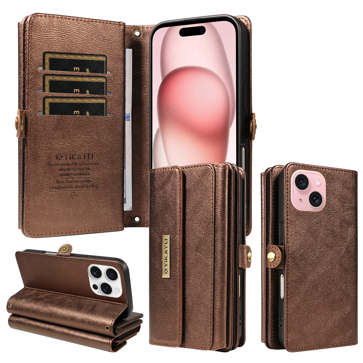 For iPhone 15 Case YIKATU YK-008 Zipper Wallet Leather Phone Cover with Shoulder Strap - Brown