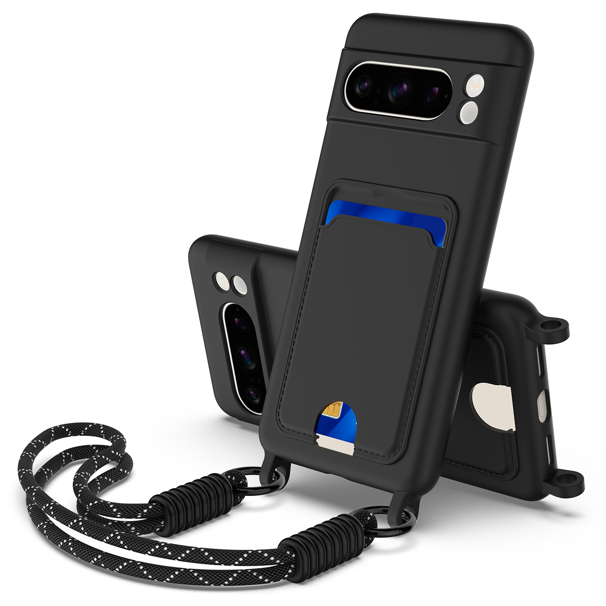 For Google Pixel 8 Pro Liquid Silicone Case  Phone Back Cover with Card Holder and Short Strap - Black