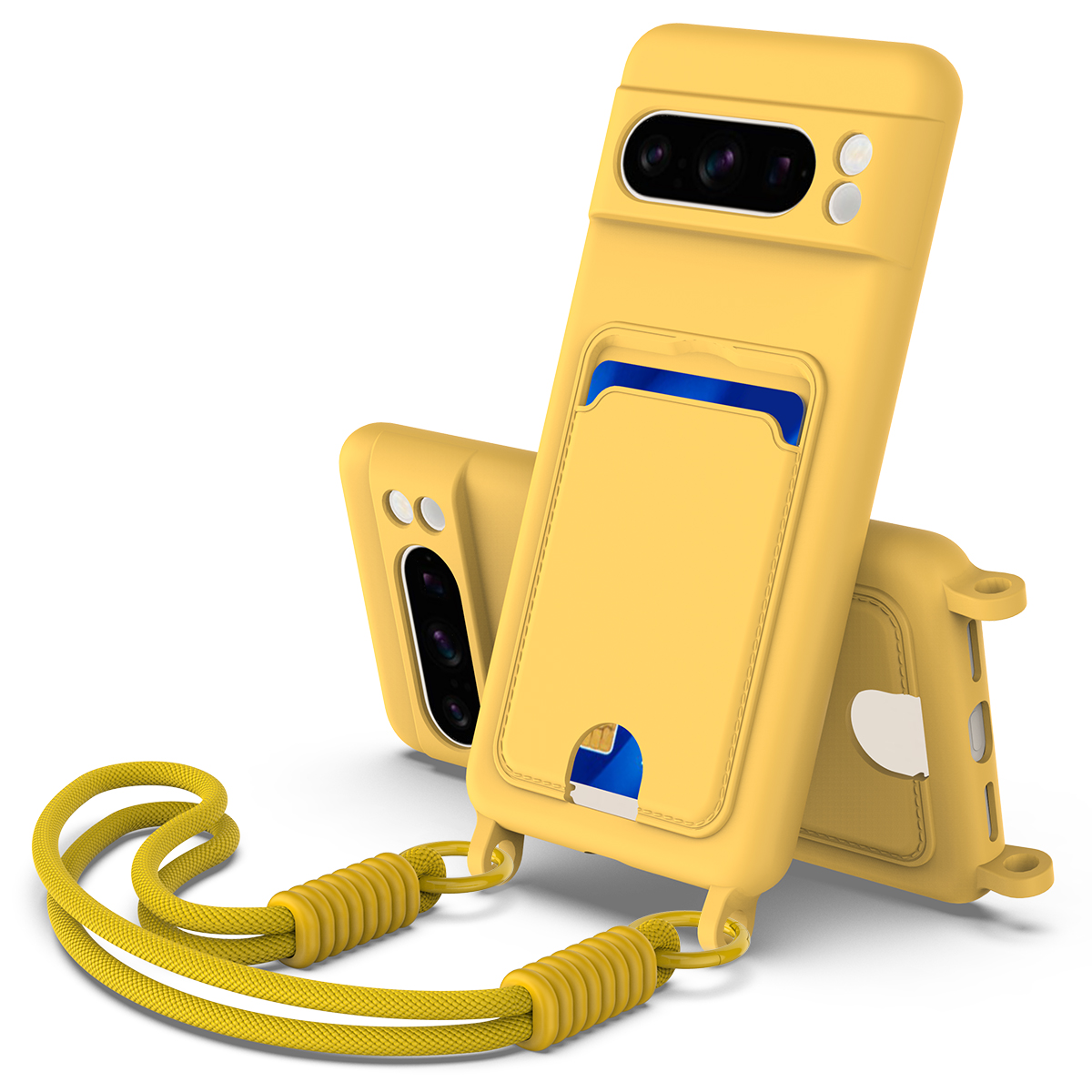 For Google Pixel 8 Pro Liquid Silicone Case  Phone Back Cover with Card Holder and Short Strap - Yellow