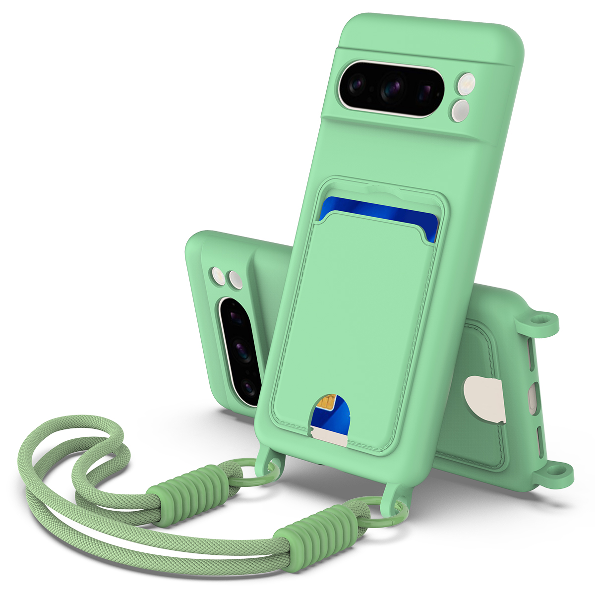 For Google Pixel 8 Pro Liquid Silicone Case  Phone Back Cover with Card Holder and Short Strap - Green