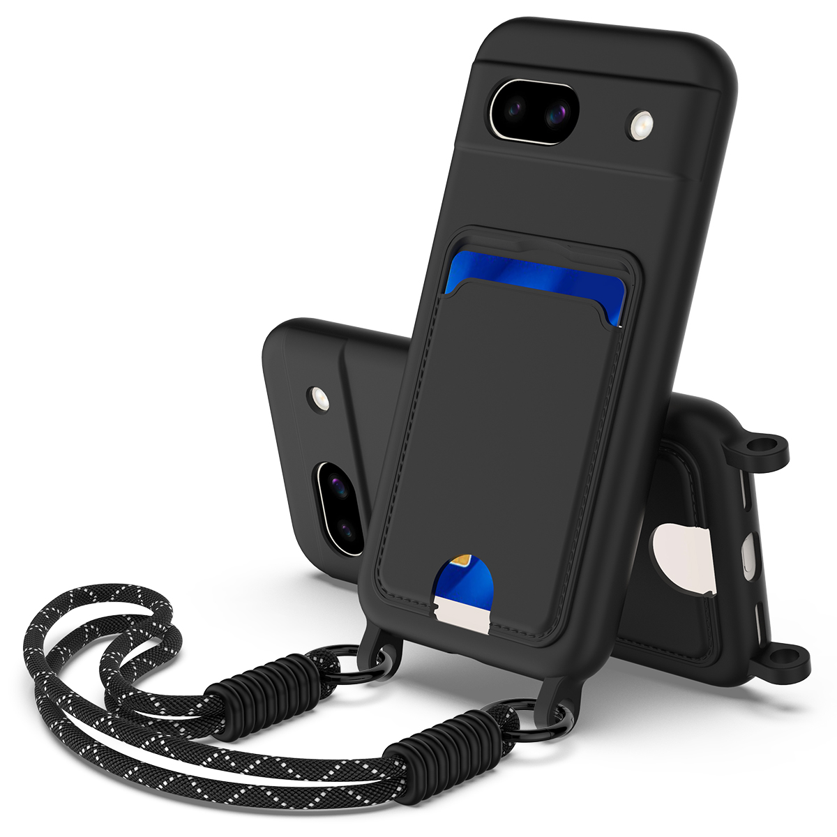 For Google Pixel 8a Liquid Silicone Case  Phone Back Cover with Card Holder and Short Strap - Black